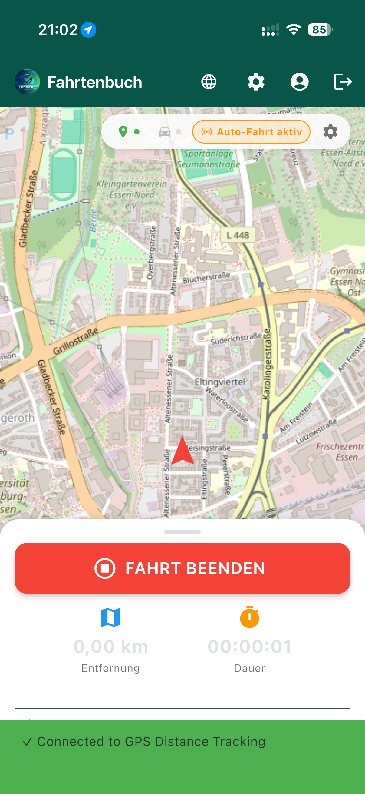 Fahrtenbuch: GPS-Fahrt live verfolgen mit Entfernung und Dauer